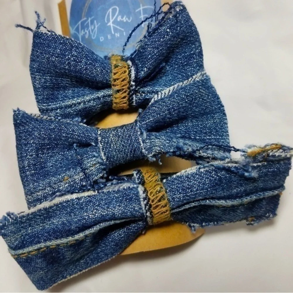 Tasty Raw Edge Denim Tri-Bun Bows